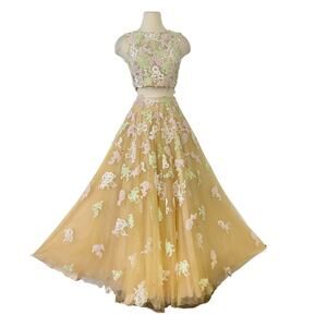 Jovani Flower Embroidery Matching Set Sleeveless Top Long Skirt Gold Multi Sz. 0